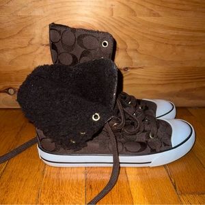 Coach High Top Bonney Fold Over Shearling Sneakers Brown Signature NWOT